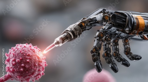 2. Close up of a nanobot administering medicine to a cancerous cell, emitting a soft blue light while performing intricate tasks inside a human body