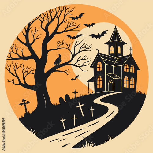 Halloween haunted house silhouette spooky mansion vector illustration