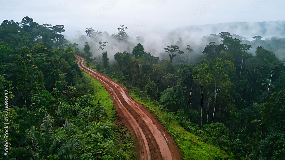 Fototapeta premium A narrow mud path in the rainforest, with fog rising up, top view