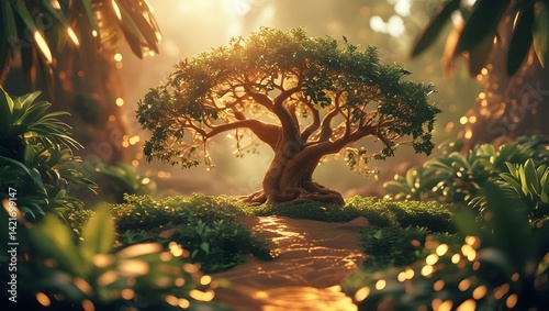A dramatic, warm-toned cinematic photograph of the forbidden tree from the biblical narrative,