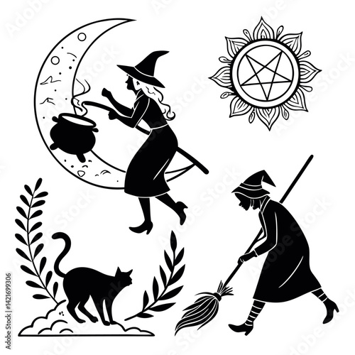 Witch silhouette flying on broomstick spooky night vector illustration