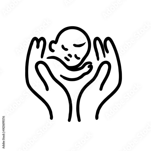 Baby being cradled in hands, symbolizing care and protection  