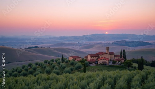 Picturesque Tuscan Landscape at Sunset: Rolling Hills and Charming Village