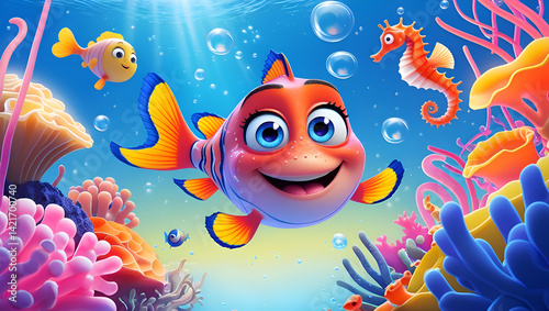 A vibrant, anthropomorphic fish with large, expressive blue eyes and a bright smile swims joyfully amidst a kaleidoscope of coral, seaweed, and colorful sea anemones in a radiant,