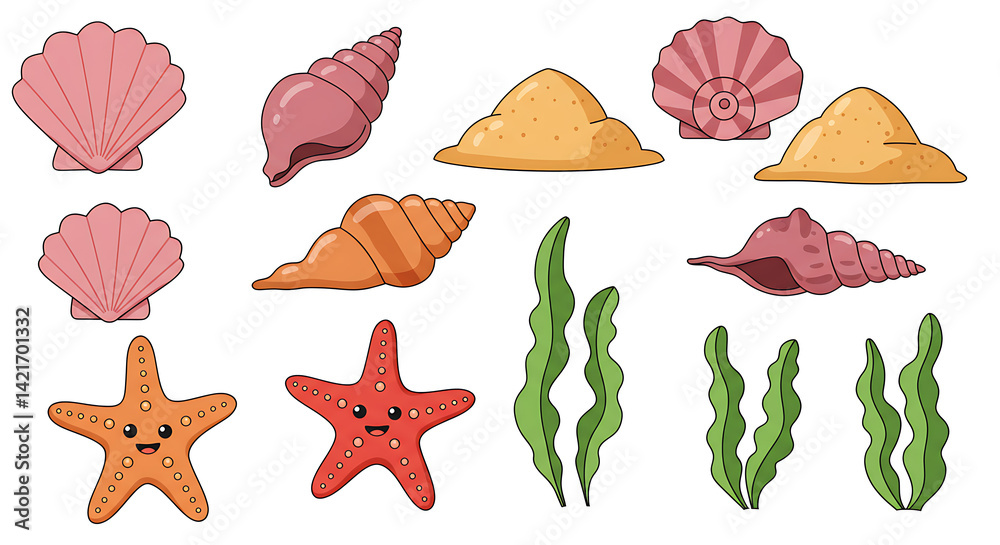 Naklejka premium Adorable Seashell and Starfish Illustrations Perfect for Summer Designs
