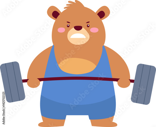Cartoon bear lifting weights with determined expression.