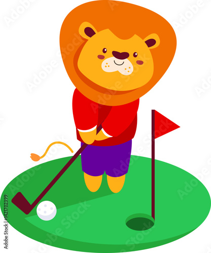 Cartoon lion playing golf on a green putting surface.