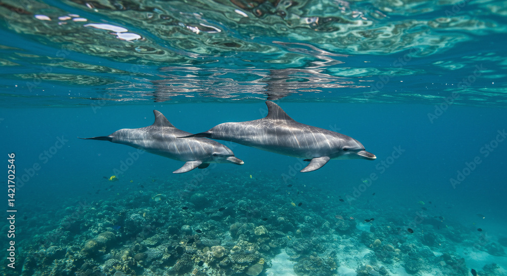 Fototapeta premium Dolphins Swimming Underwater in Ocean with Coral Reef