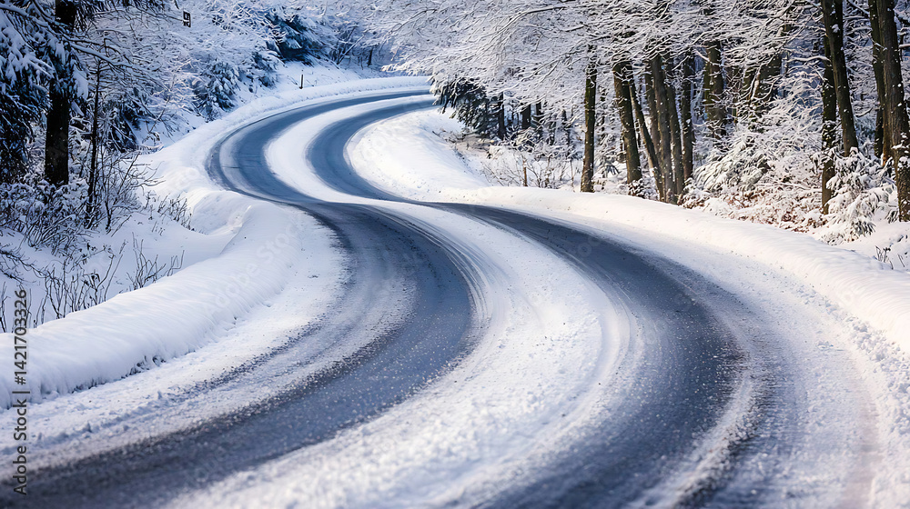 silent snowy road with barely visible tire marks