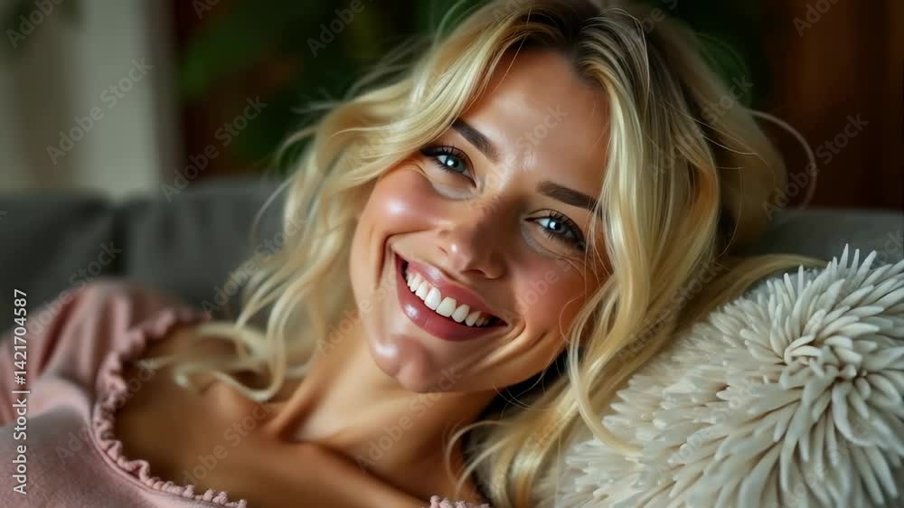 portrait of a young blonde woman smiling at home in a  cozy and warm ambient