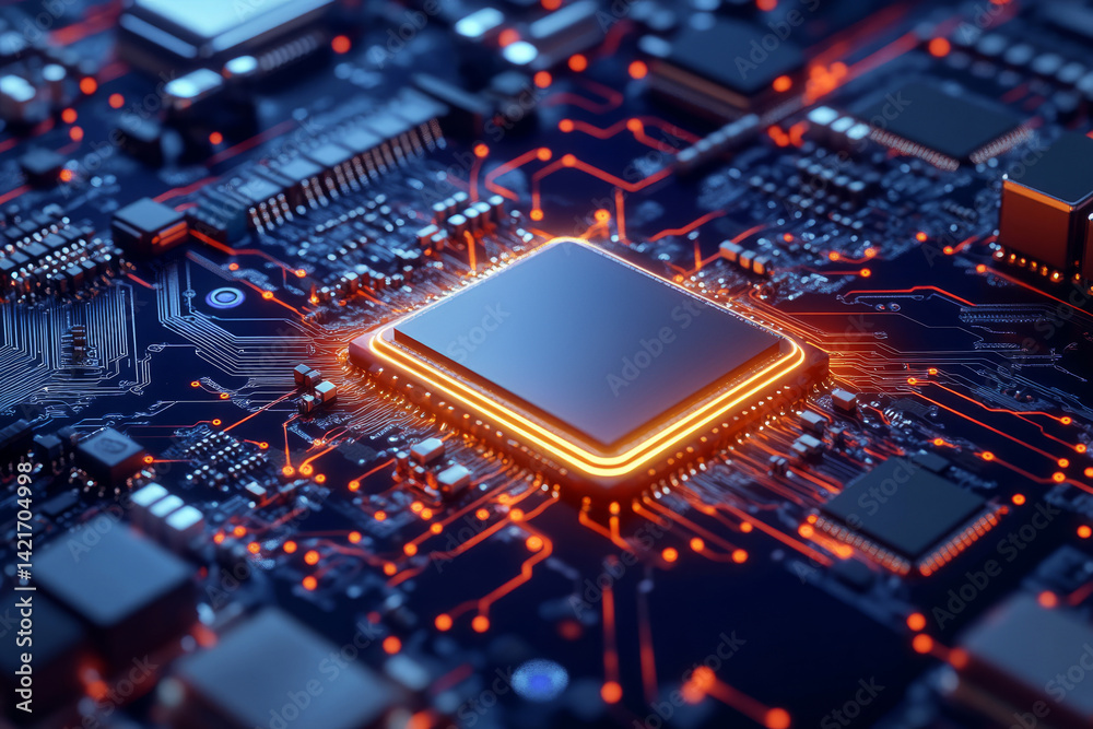 Glowing microchip on futuristic circuit board, symbolizing high-tech processing and modern computing Glowing microchip on futuristic circuit board, symbolizing high-tech processing and modern computing