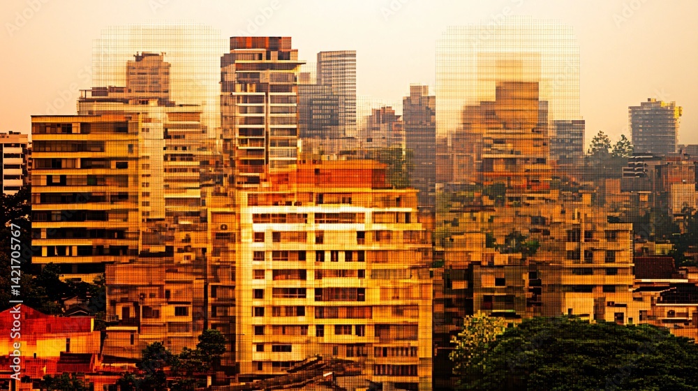 Obraz premium Urban scene depicting a city with buildings and trees bathed in golden hour glow creating a harmonious blend of nature and architecture