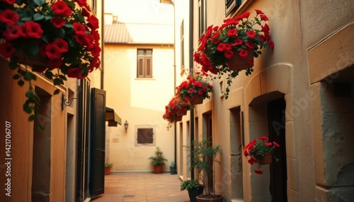 Picturesque Alleyway Adorned with Vibrant Red Flowers in Charming Italian Village
