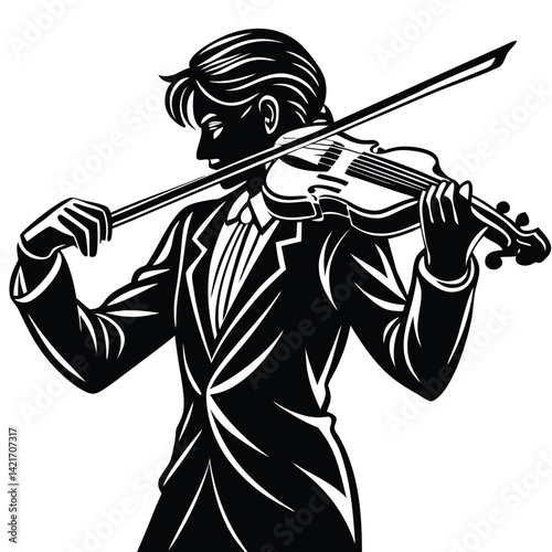Black and White Vector Illustration of a Violinist Playing Violin - Musician, Classical Music, Orchestra, Concert, Fine Art, Elegant Design
