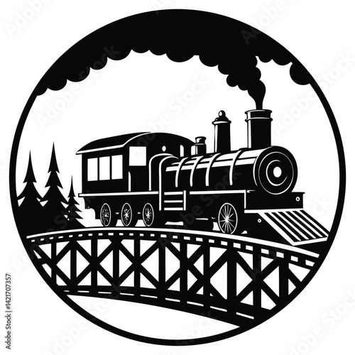 Vintage Steam Train Locomotive on Bridge Black and White Vector Illustration - Railroad Engine Graphic Design Element