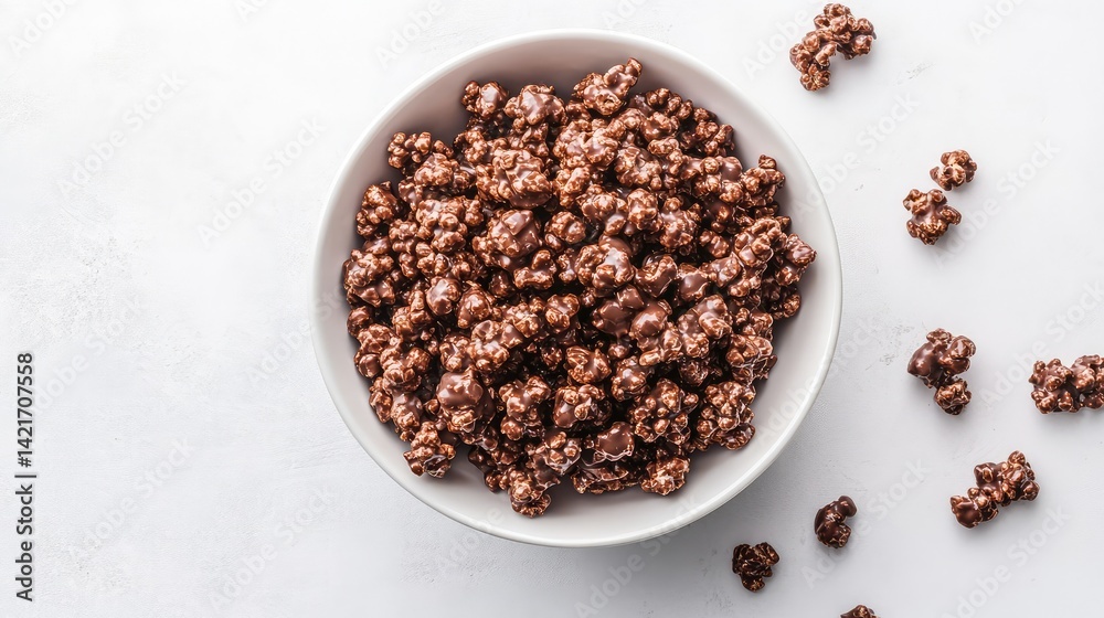 A bowl of chocolate-coated popcorn scattered across a white surface, surrounded by plenty of room for marketing or copy A bowl of chocolate-coated popcorn scattered across a white surface, surrounded by plenty of room for marketing or copy