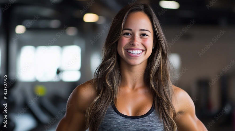Obraz premium Portrait of a Strong Fitness Woman Smiling Confidently at the Gym with her Healthy Lifestyle