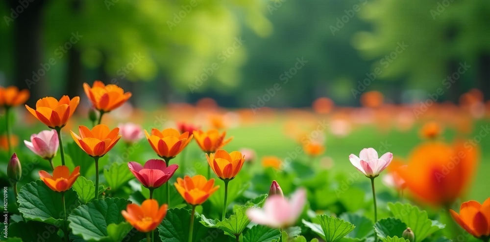 Fototapeta premium Vibrant flowers in full bloom on lush green plants in a park, flowers, colorful, fresh