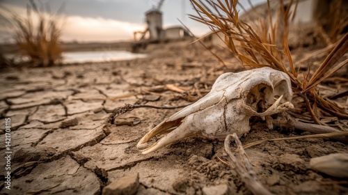 2. Dried up riverbed with exposed cracked earth bleached animal bones and withered plants barren landscape drought disaster nature crisis