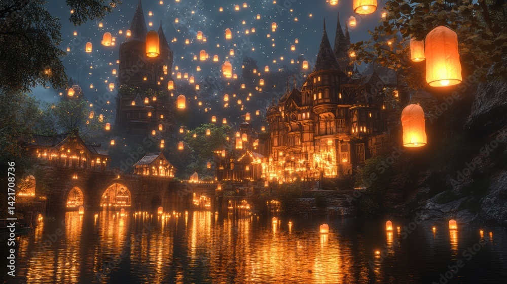 Obraz premium Dreamlike Night Scene With Lanterns Floating Above A Mystic Village Beside A Tranquil River Under A Starry Sky