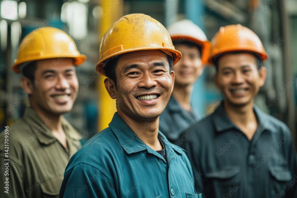 Happy construction workers smiling in helmet with industrial background and teamwork spirit in vibrant working environment Happy construction workers smiling in helmet with industrial background and teamwork spirit in vibrant working environment