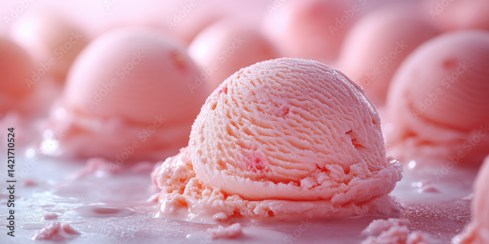 Close-up of strawberry ice cream scoops showcasing its texture and color, melting on a smooth surface with a soft pink background. Close-up of strawberry ice cream scoops showcasing its texture and color, melting on a smooth surface with a soft pink background.