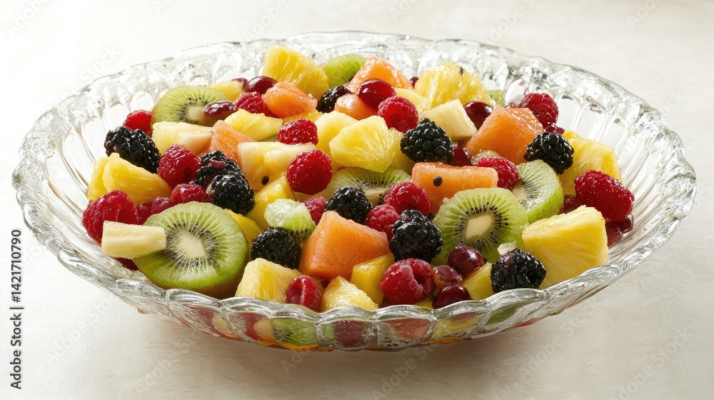 A fresh and bright fruit salad made from colorful fruits like kiwi, berries, and pineapple, with clean space around it for marketing or text A fresh and bright fruit salad made from colorful fruits like kiwi, berries, and pineapple, with clean space around it for marketing or text