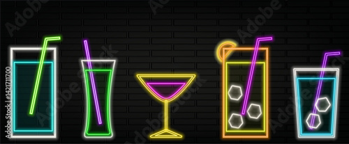 Cheers toast neon cocktail fashion sign night light signboard glowing.Collection of cocktails with neon lights style. Set of colorful neon cocktails.