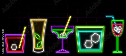 Cherry cocktail on neon sign. neon drinks.Neon icon of lemonade