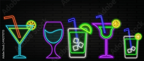 Cherry cocktail on neon sign. neon drinks.