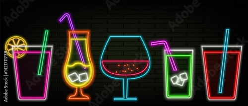 cocktail and neon sign. neon style drinks icons. various models.