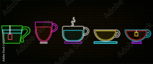 Coffee cup neon sign vector. Coffee icon set with neon style glow element
