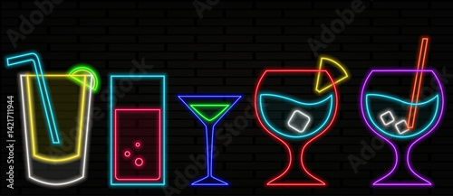 Set of violet abstract neon glowing icons glowing signs of alcoholic drinks.A glass of cocktail neon sign.Neon light bottle party vector.