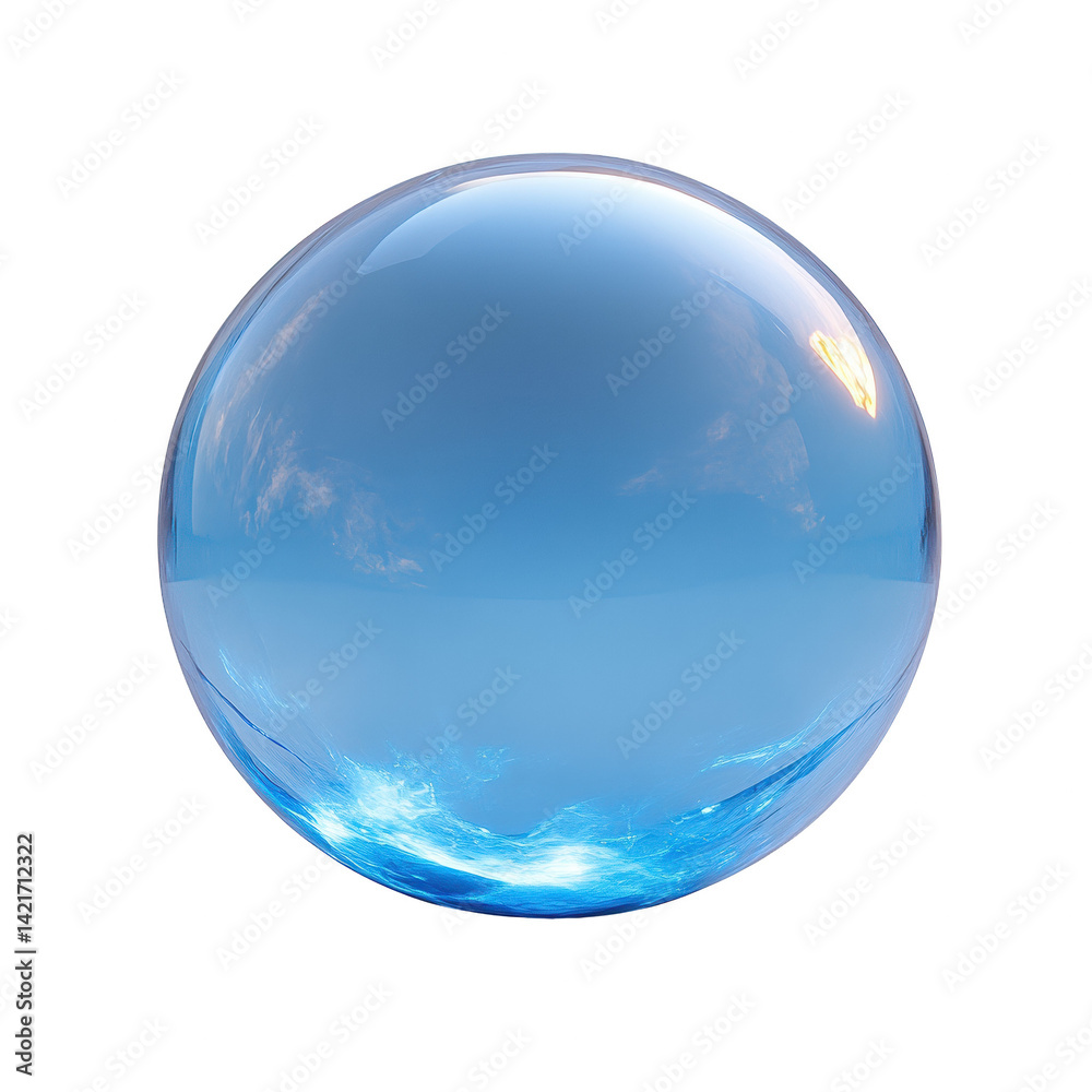 Obraz premium Stock photo of blue crystal ball with sky reflection on black background on transparent background