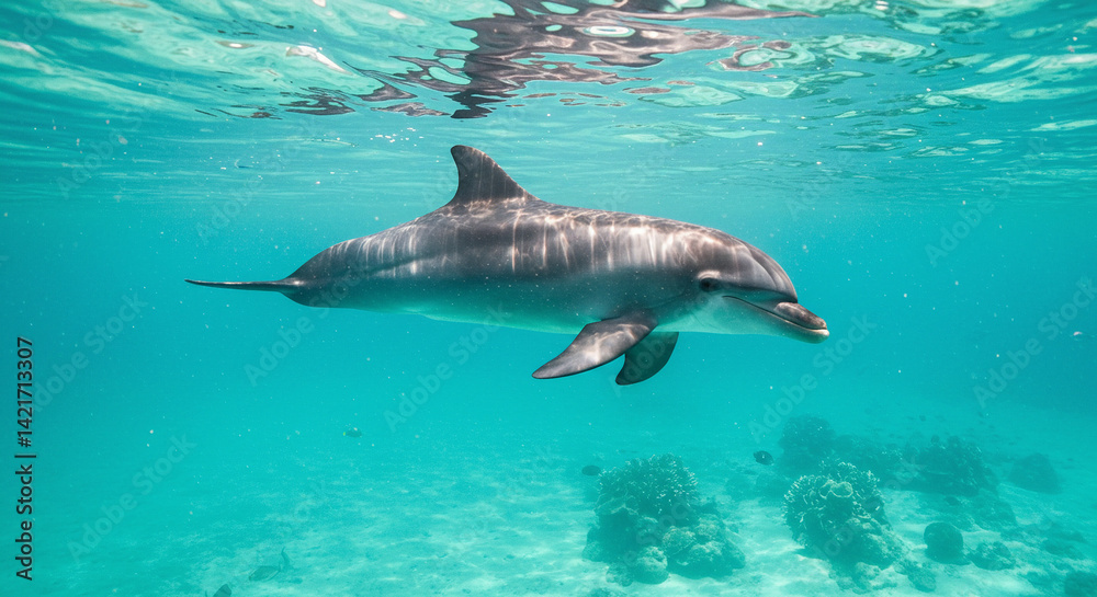 Fototapeta premium Dolphin Swimming in Clear Ocean Water Underwater