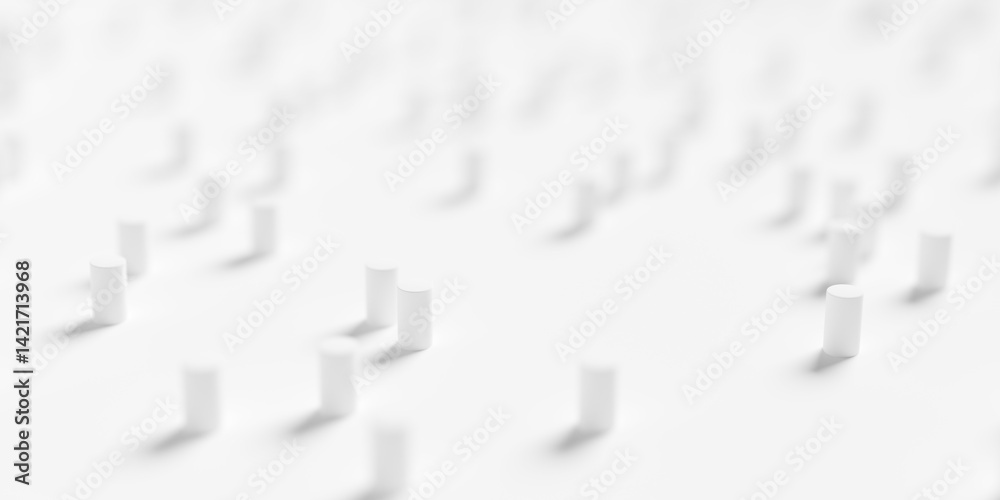Randomly arranged cylinders on white background geometry wallpaper banner, selective focus Randomly arranged cylinders on white background geometry wallpaper banner, selective focus