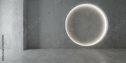 Fototapeta Naklejka Na Ścianę i Meble -  Abstract empty, modern concrete room wall with circular lit recess and tiled, shiny floor - industrial interior background template