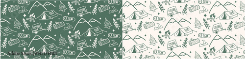 camp pattern green wild mountain doodle hand drawing seamless pattern background