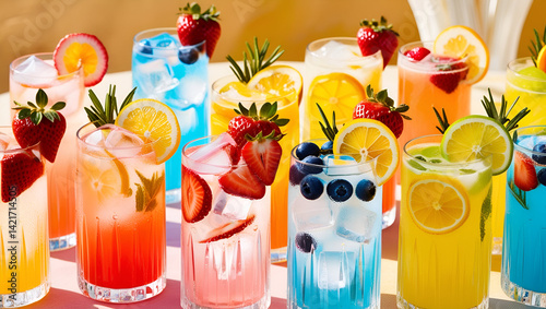 An inviting collection of colorful, icy summer drinks, each garnished with fresh fruit slices—ideal for beating the heat during outdoor parties and sunny afternoons