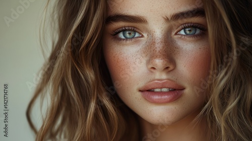 Close-up portrait of a young woman with freckles, wavy light brown hair, and striking blue eyes