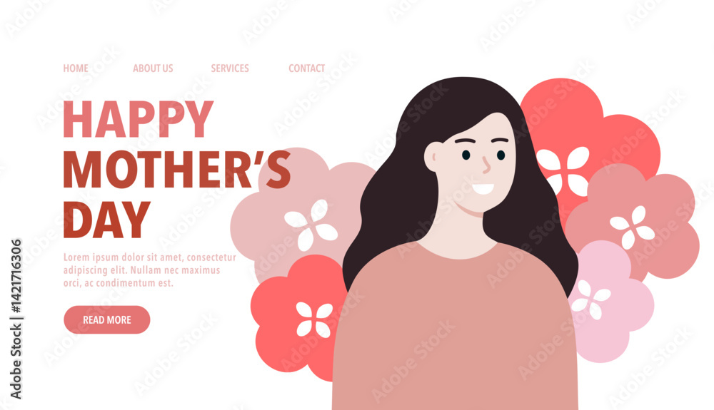 Happy Mother's day landing page template design. Holiday celebration concept. Use for website, advertisement, banner. Flat vector character design isolated illustration with floral background. Happy Mother's day landing page template design. Holiday celebration concept. Use for website, advertisement, banner. Flat vector character design isolated illustration with floral background.