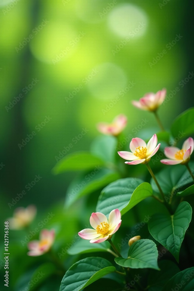 Fototapeta premium Vibrant green foliage with blurred flower blossoms in bokeh effect, bokeh, nature