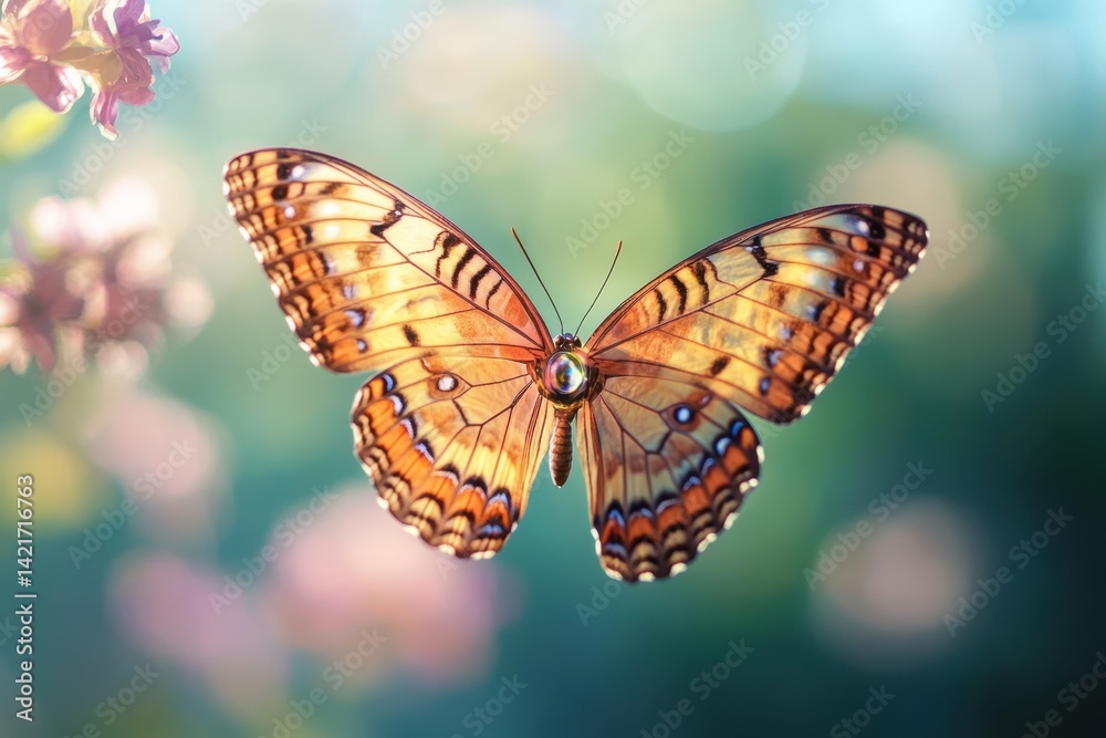 Fototapeta premium Beautiful butterfly perched among blooming flowers in a serene garden setting