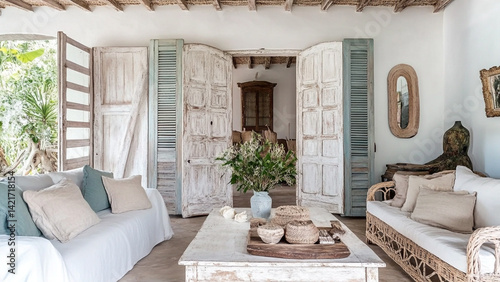 Coastal Farmhouse Living Room Serene White and Weathered Wood Decor