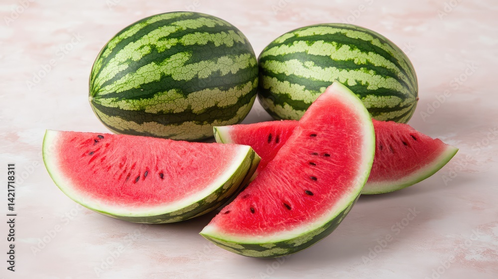 Whole and sliced watermelon pieces placed on a pastel pink surface with plenty of blank area for layout use Whole and sliced watermelon pieces placed on a pastel pink surface with plenty of blank area for layout use