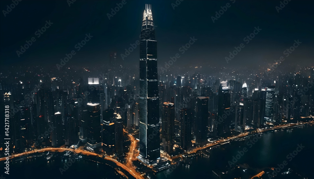 Fototapeta premium Night cityscape with a towering skyscraper