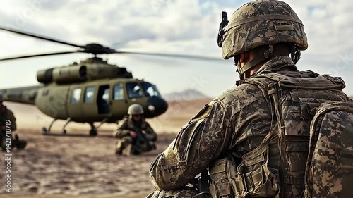Military Personnel Standing Before A Helicopter In Desert Setting Wearing Camouflage Uniforms And Helmet