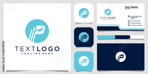 Modern business branding set featuring a dynamic circular logo with abstract shapes and a stylized "P" design, shown across multiple mockup formats including business cards and icons. The clean, minim