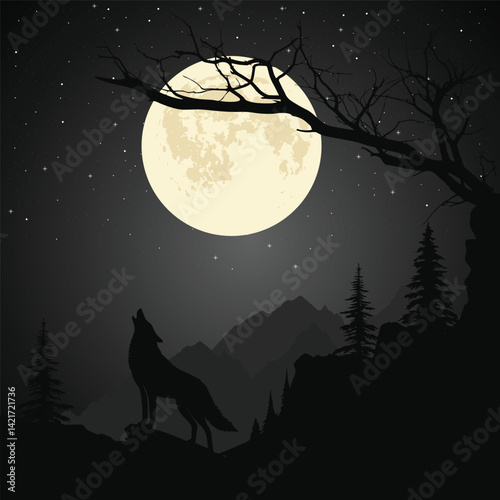 A wolf howling on a mountain under a starlit full moon sky , framed by dark pine trees and mountain ridges. A gnarled, bare tree branch stretches across the moon.