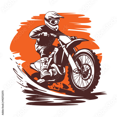 Motocross rider on a dirt bike. Vector illustration of a motorcyclist concept for extreme sport outdoor activity and speed racing. Graphic for textile print, card.